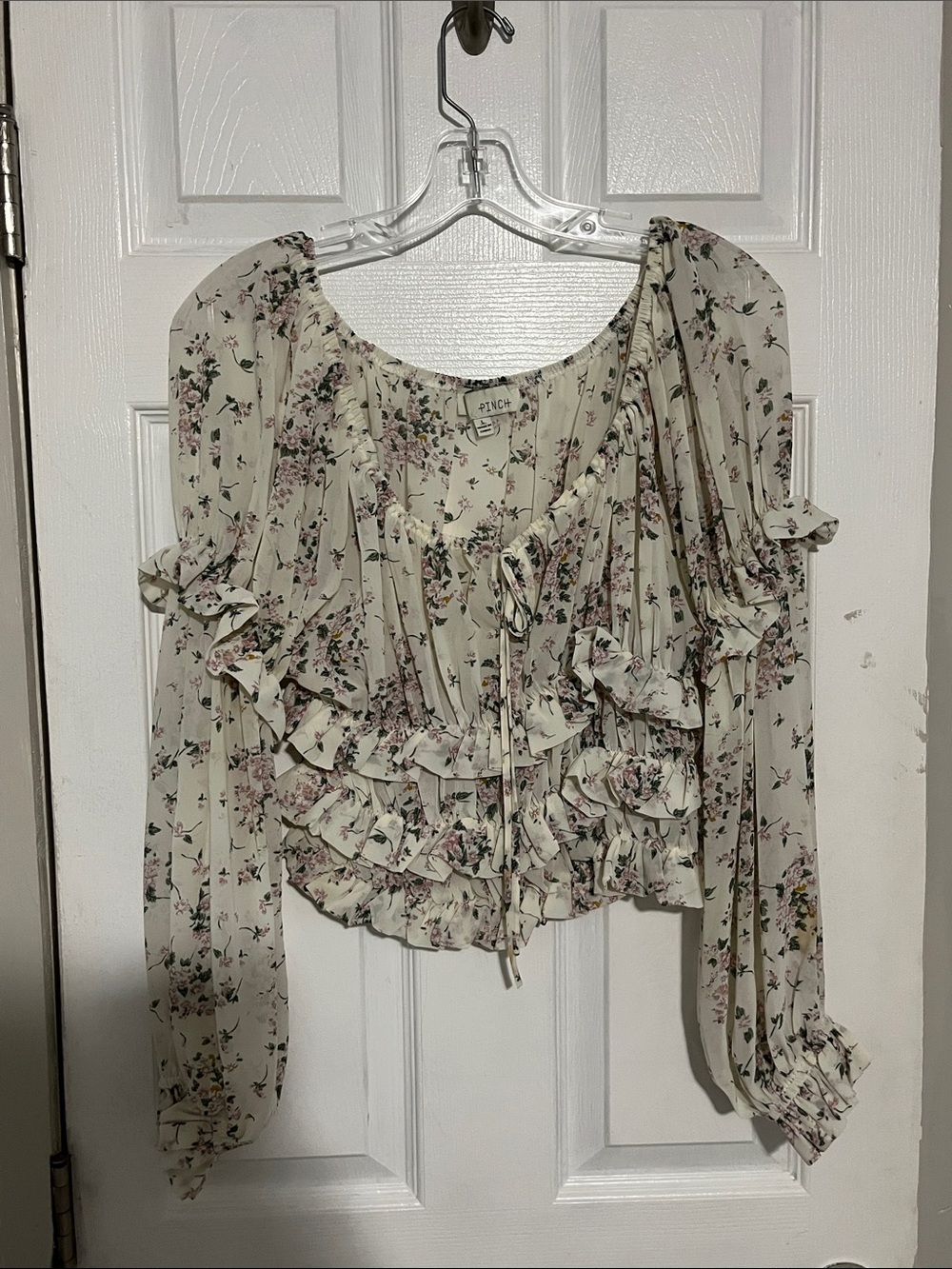 Pinch off-the-shoulder Cream Floral Ruffle Tie-Front Blouse